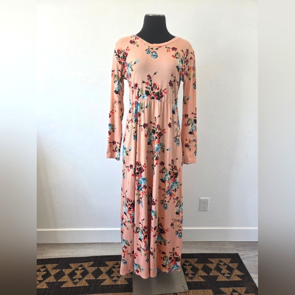 Pink Floral Maxi Dress Long Sleeve Modest Church Teacher School Funeral Medium - Picture 1 of 7